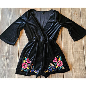 Vintage 90s Romper Black Velvet Embroidered Floral Small Whimsigoth Dark Fairy